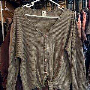 Olive Green Button-Up Waffle Knit Top